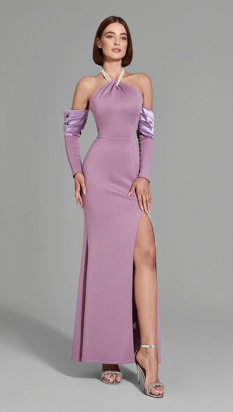 HALTER NECK SLIT MAXI DRESS IN PURPLE