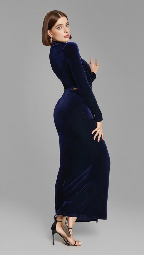 VELVET CUTOUT HIGH - NECK MAXI DRESS IN NAVY BLUE