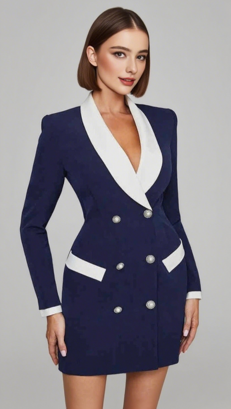 WHITE - TRIM DOUBLE - BREASTED BLAZER DRESS IN BLUE