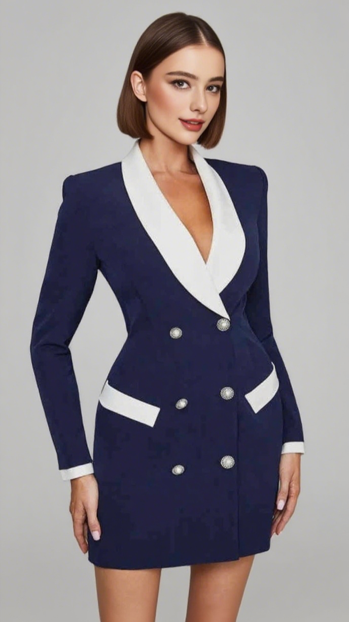 WHITE - TRIM DOUBLE - BREASTED BLAZER DRESS IN BLUE