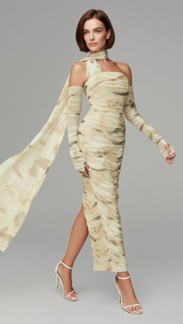 AIIZIE TIE - DYE ONE - SHOULDER RUCHED MIDI DRESS IN BEIGE AND BROWN - product image