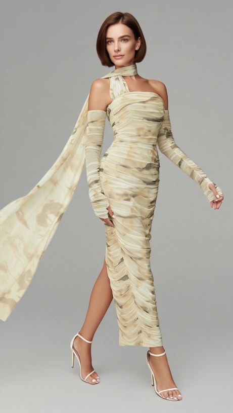 Tie-Dye One-Shoulder-Midikleid mit Rüschen in Beige und Braun