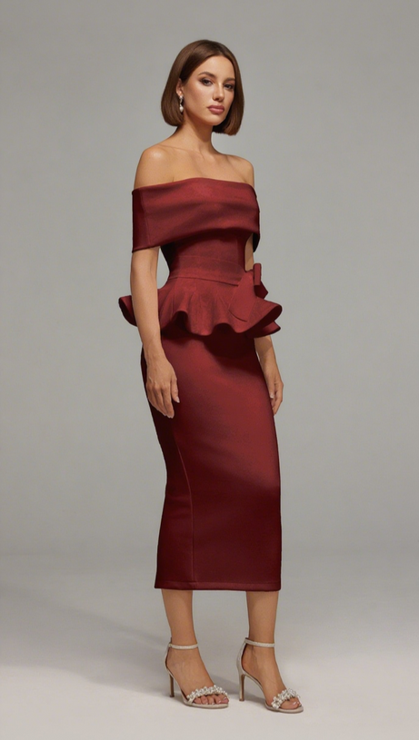 ABITO MIDI ROSSO CON SPALLE SCOPERTE E BORDI VOLANT ELEANORE