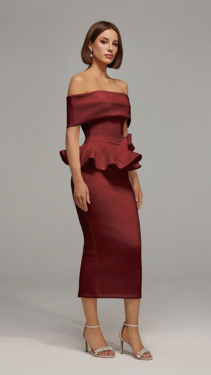 ELEANORE OFF THE SHOULDER  RUFFLED EDGE RED MIDI DRESS