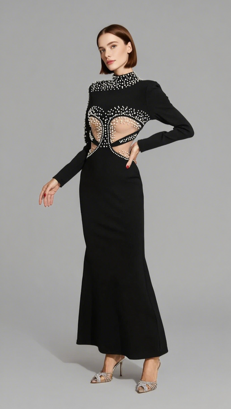 PEARL - EMBELLISHED CUTOUT MERMAID GOWN IN BLACK