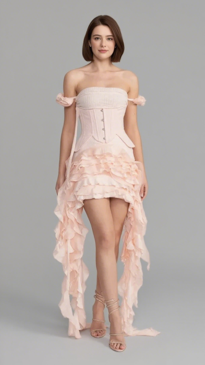 VINTAGE INSPIRED CORSET DRESS WITH RUCHED BUSTIER AND FLOWING RUFFLED SIDE DETAILS - PINK