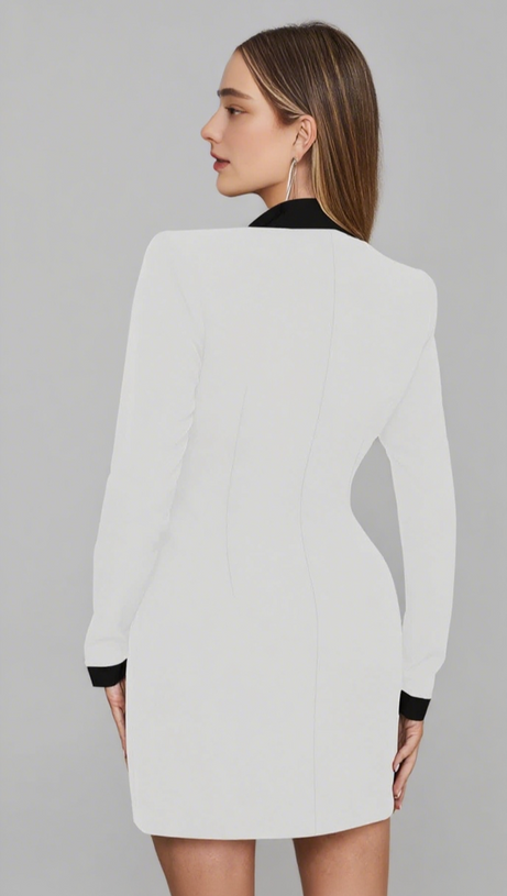 WHITE - TRIM DOUBLE - BREASTED BLAZER DRESS IN WHITE