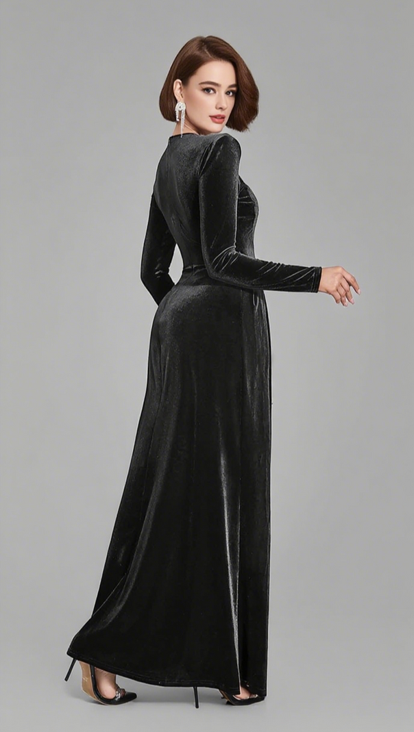 AIIZIE VELVET SEQUIN - INSET LONG - SLEEVE MAXI DRESS IN BLACK - product image