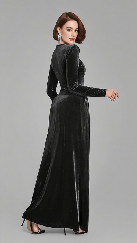 VELVET SEQUIN - INSET LONG - SLEEVE MAXI DRESS IN BLACK