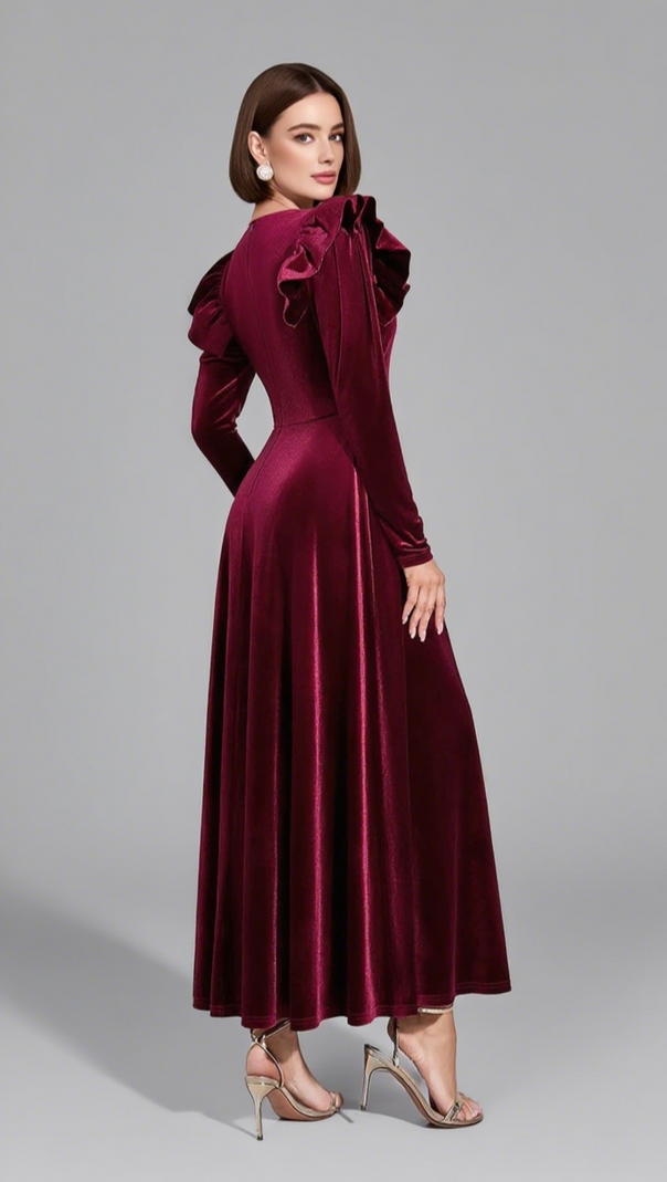 AIIZIE VELVET RUFFLED SLEEVE BUTTON - FRONT MAXI DRESS IN DARK RED - product image