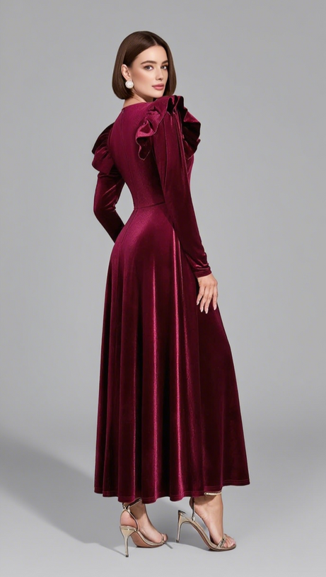 VELVET RUFFLED SLEEVE BUTTON - FRONT MAXI DRESS IN DARK RED