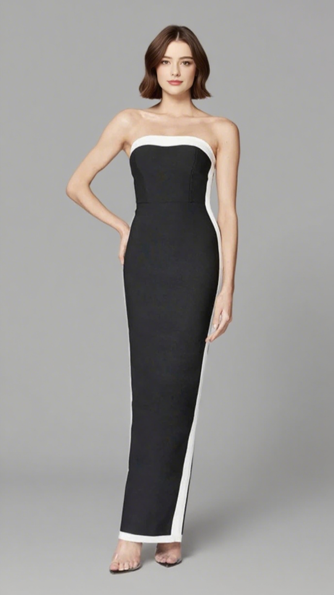 Trägerloses Color-Block-Bandage-Midikleid in Schwarz