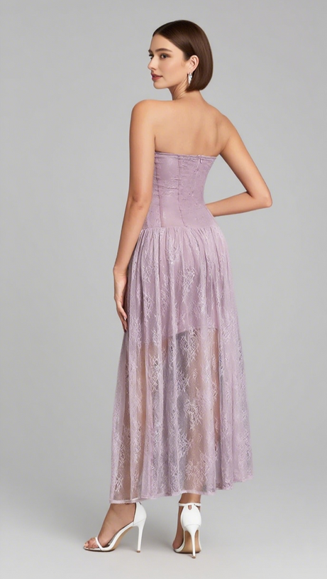 LACE STRAPLESS CORSET - STYLE MESH - OVERLAY MIDI DRESS IN LAVENDER