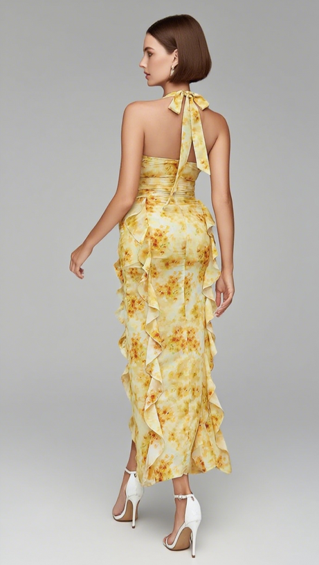 Neckholder-Midikleid mit Blumenmuster und Rüschen in Gelb