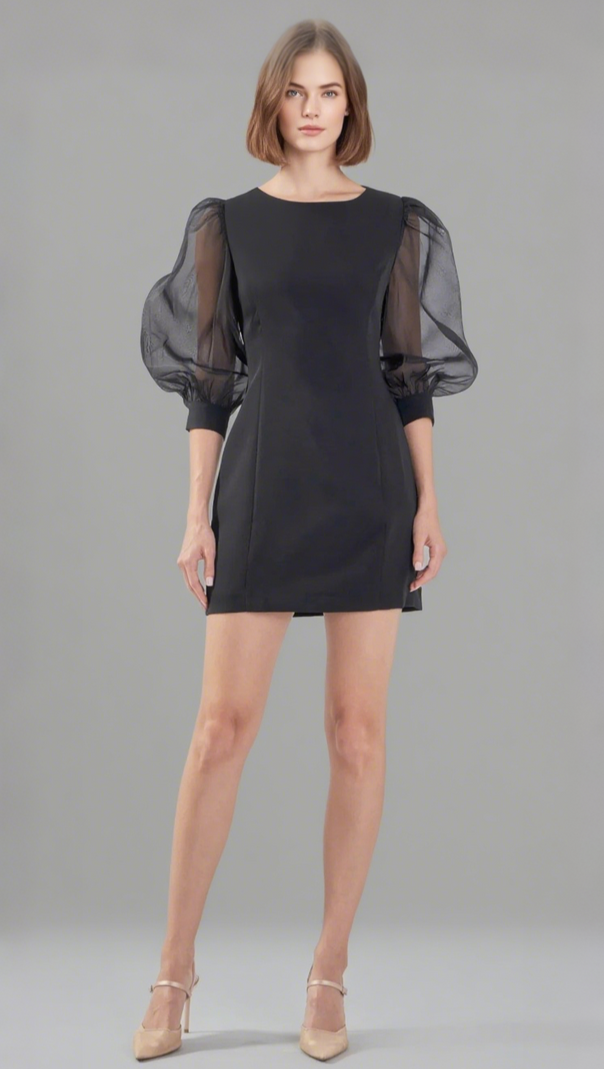 AIIZIE VICTORIA ORGANZA PUFF SLEEVES MINI DRESS IN BLACK - product image