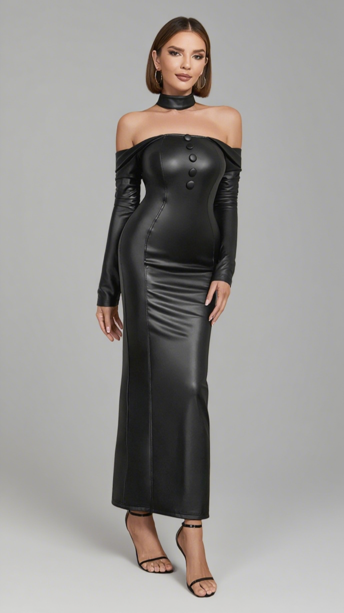 FAUX LEATHER OFF - SHOULDER BUTTONED MAXI DRESS IN BLACK