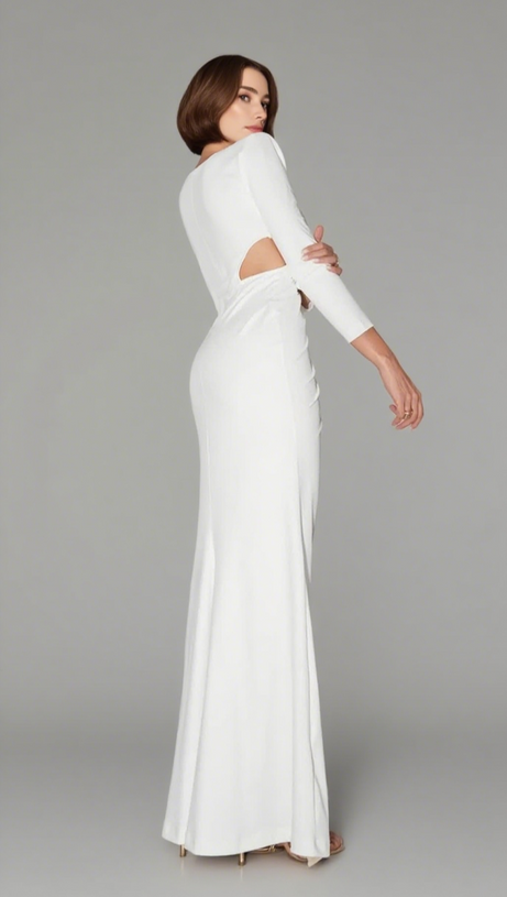 VANESSA V-NECK RUCHED CUTOUT MAXI DRESS IN WHITE