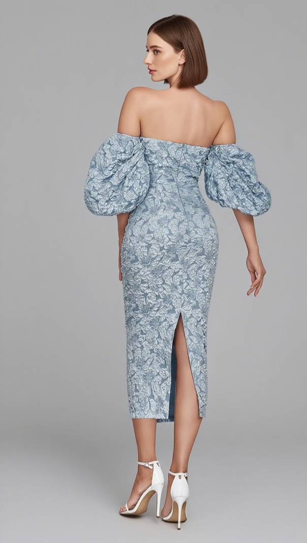 AIIZIE FLORAL - JACQUARD OFF - SHOULDER MIDI DRESS IN NAVY BLUE - product image