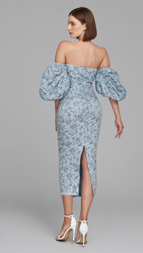 FLORAL - JACQUARD OFF - SHOULDER MIDI DRESS IN NAVY BLUE