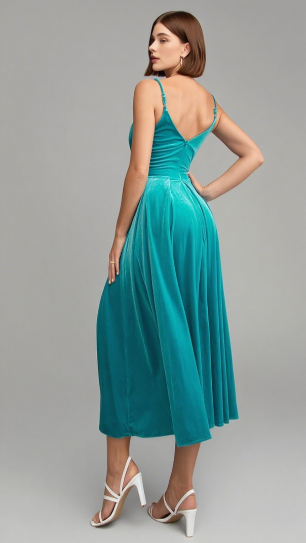 AIIZIE VELVET BUTTON - FRONT SPAGHETTI STRAP MAXI DRESS IN TEAL - product image