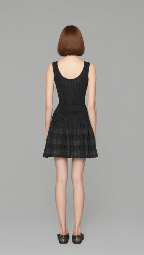 RIBBED POINTELLE KNIT MINI DRESS IN BLACK