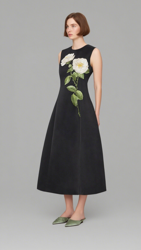 KATE FLORAL PRINT EMBELLISHED SLEEVELESS MIDI DRESS IN BLACK