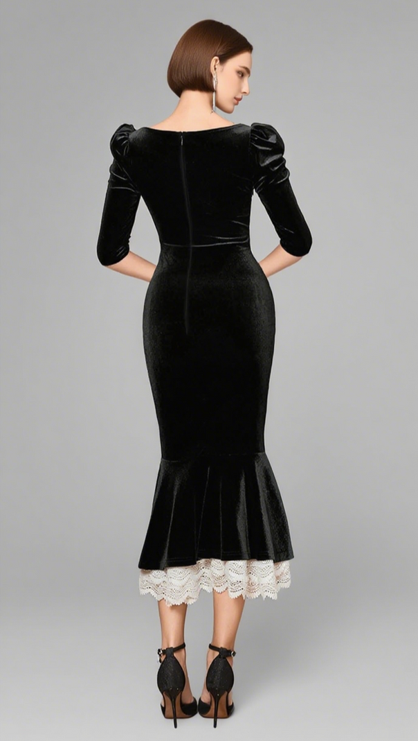 AIIZIE VELVET PUFF - SLEEVE BUTTONED MERMAID DRESS IN BLACK - product image