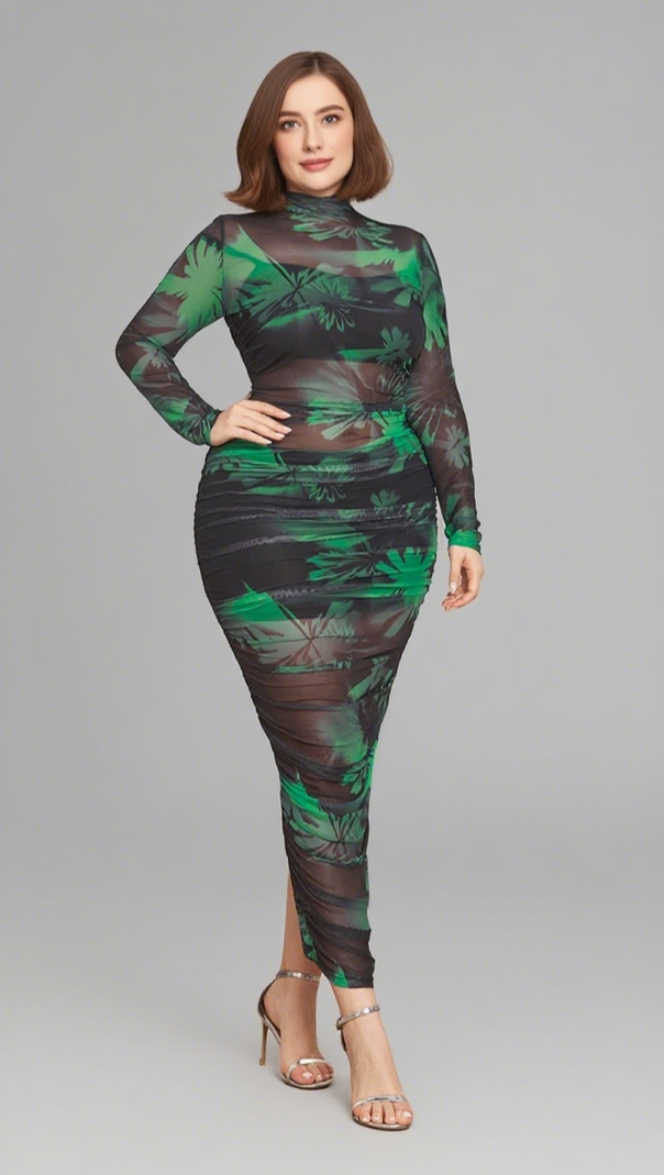 AIIZIE FLORAL MESH HIGH - NECK RUCHED MIDI DRESS IN GREEN - product image