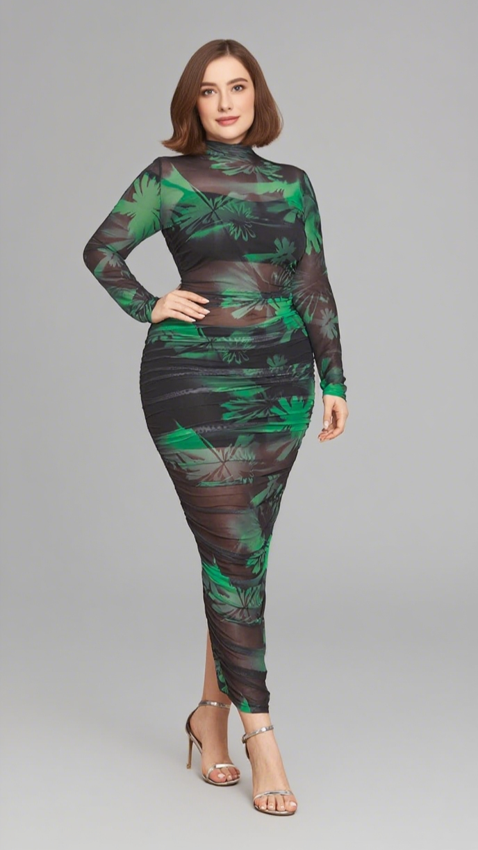 Geblümtes, hochgeschlossenes, gerüschtes Midikleid aus Netzstoff in Grün 