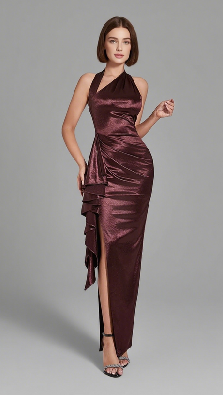 ONE - SHOULDER RUFFLED SLIT MAXI DRESS IN BURGUNDY