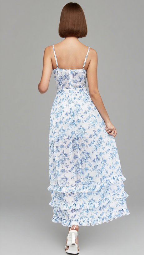 FLORAL RUFFLED SLIT MAXI DRESS IN LIGHT BLUE