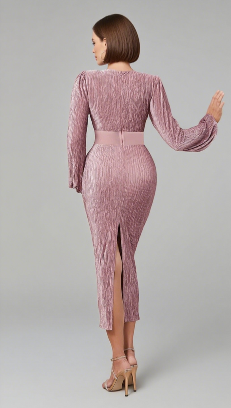 TEXTURED V - NECK RHINESTONE - BELTED MIDI DRESS IN PINK