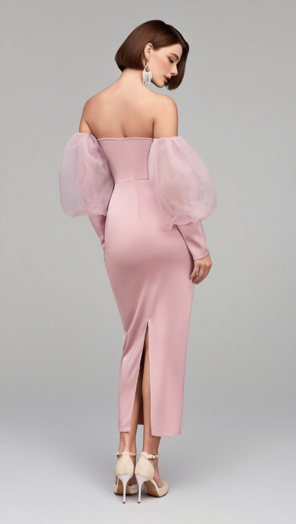 AIIZIE OFF - SHOULDER ORGANZA - SLEEVE SATIN MIDI DRESS IN PINK - product image