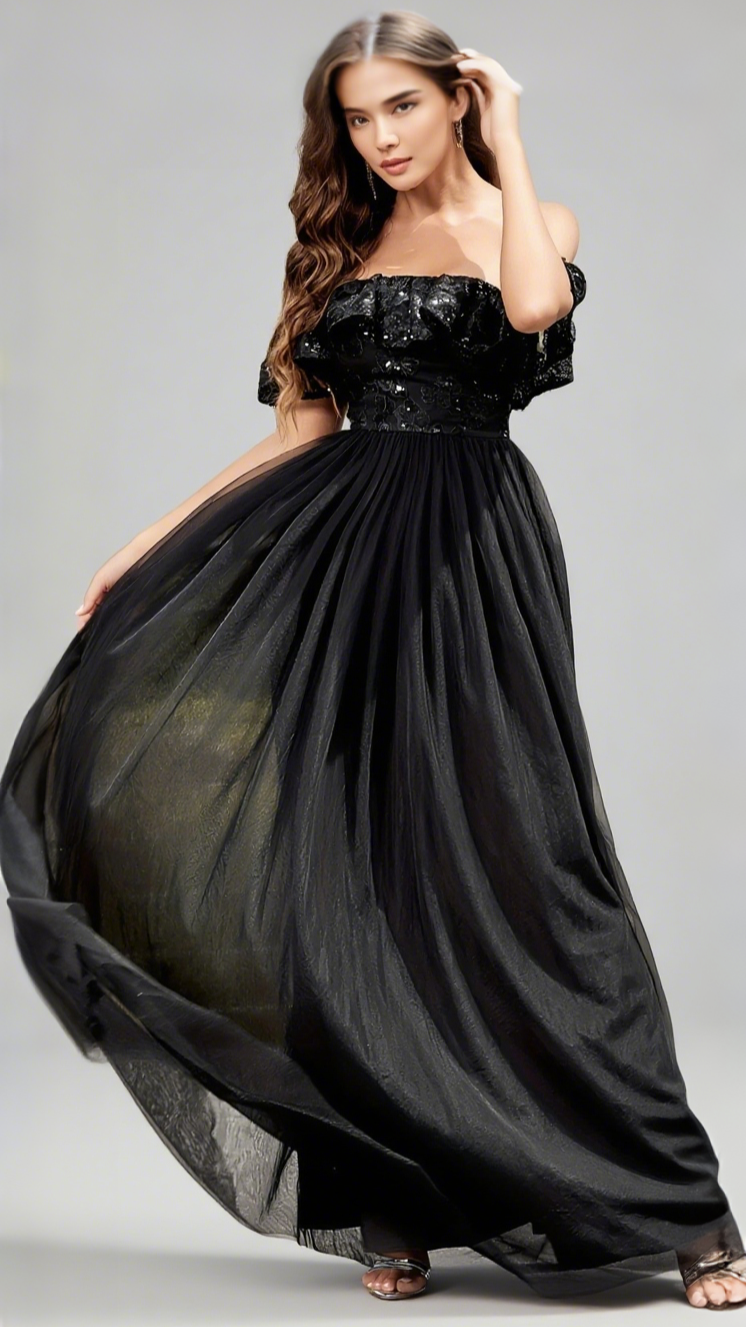 OFF - SHOULDER LACE - TOP TULLE MAXI DRESS IN BLACK