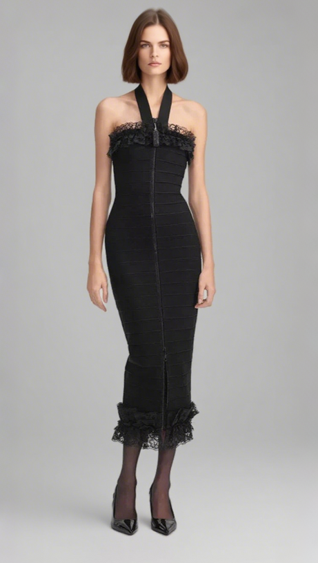 Strick-Midikleid mit Reißverschluss und Rüschen in Schwarz