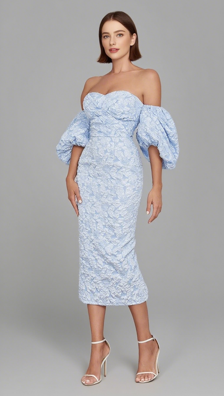 FLORAL - JACQUARD OFF - SHOULDER MIDI DRESS IN BLUE
