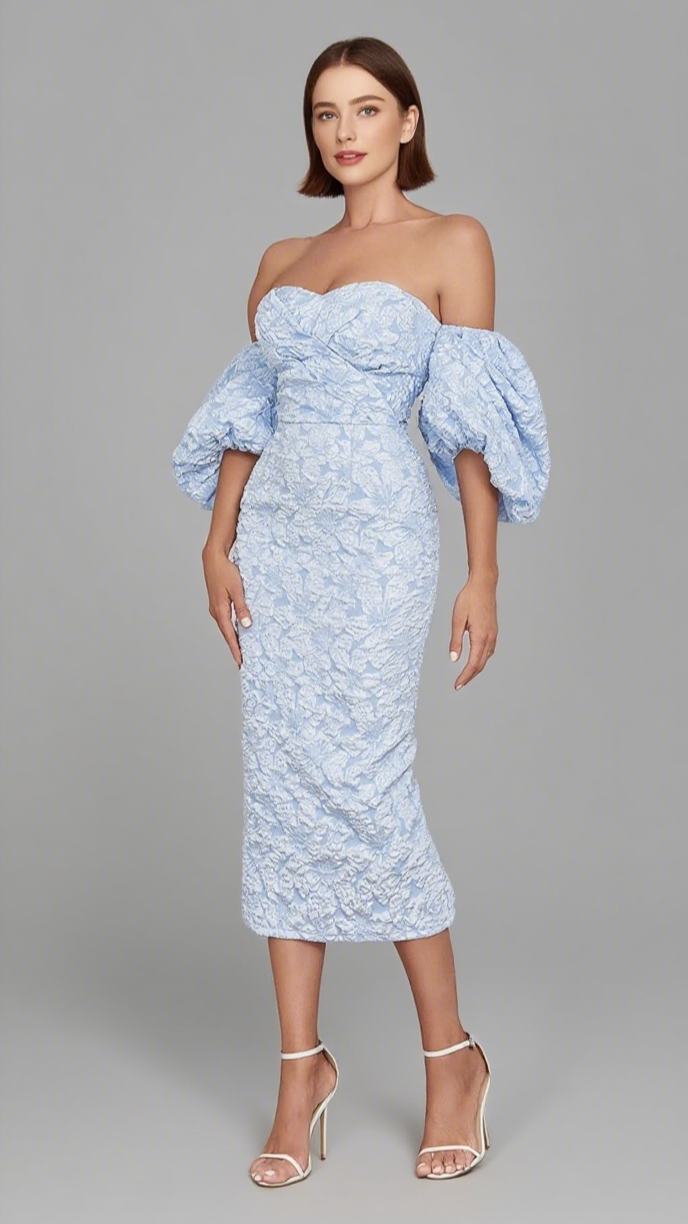 FLORAL - JACQUARD OFF - SHOULDER MIDI DRESS IN BLUE