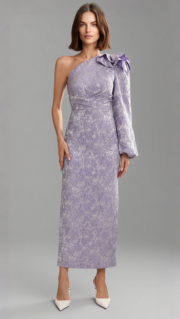 AIIZIE FLORAL ONE - SHOULDER BOW - DETAIL MIDI DRESS IN LILAC - product image