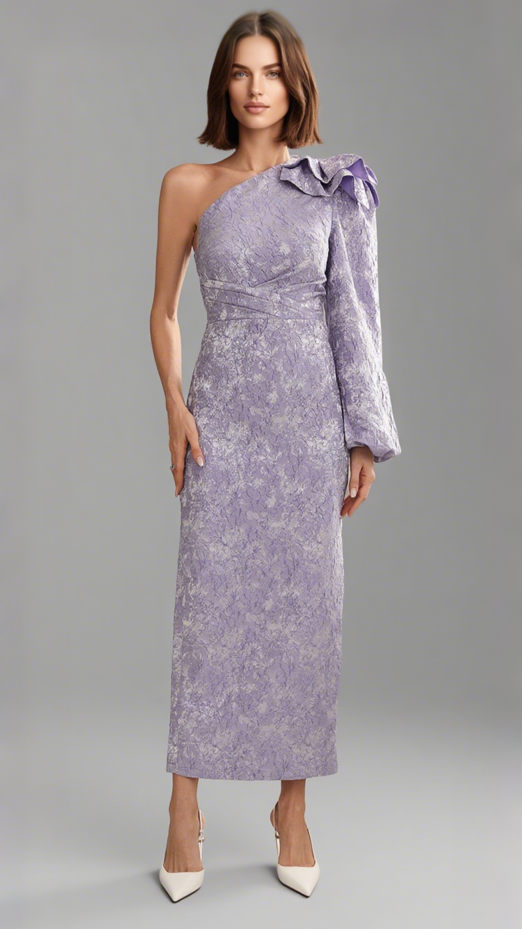 Geblümtes Midikleid mit One-Shoulder-Schleife in Flieder