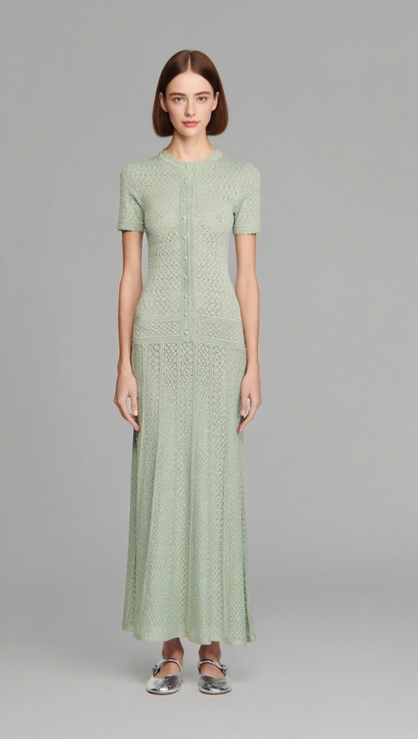 AIIZIE YVONNE HOLLOW KNIT MAXI DRESS IN ALMOND GREEN - product image