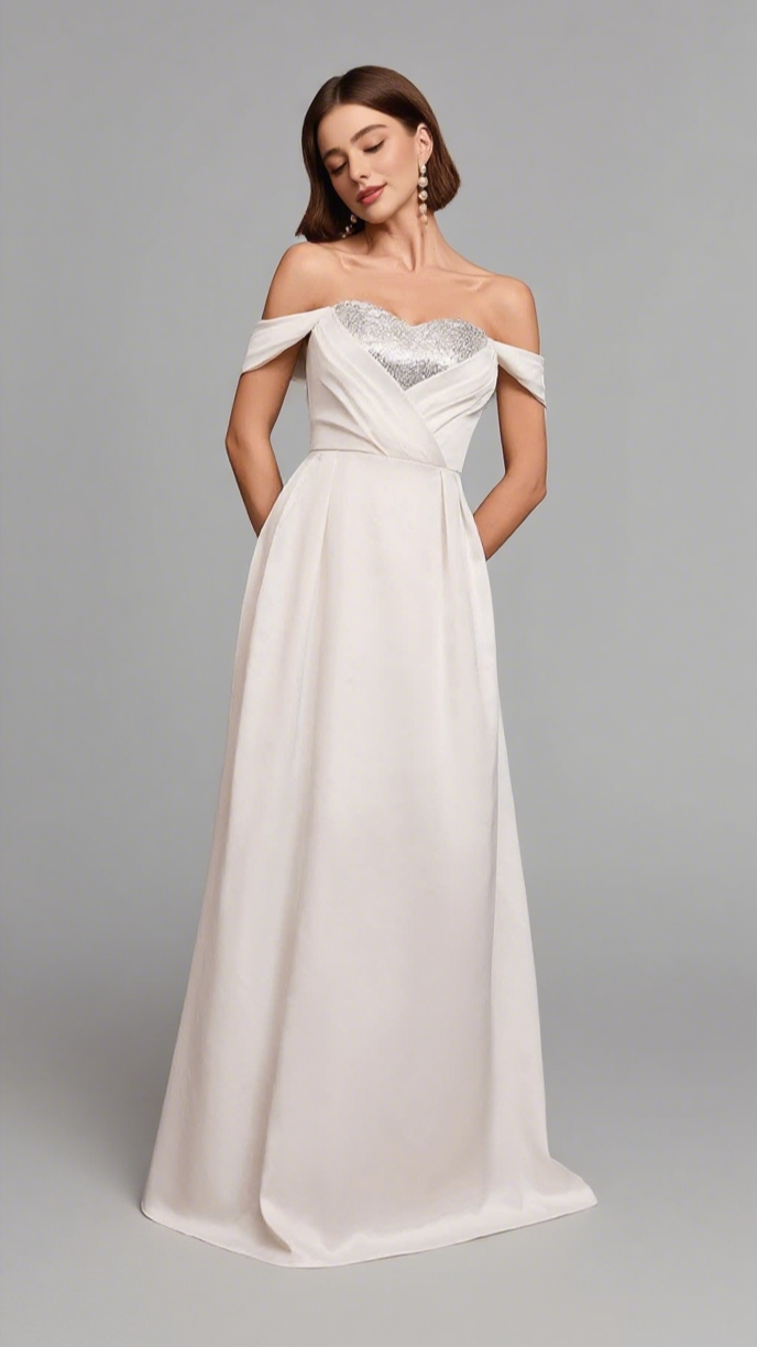 SEQUIN - ACCENT OFF - SHOULDER MAXI DRESS IN WHITE