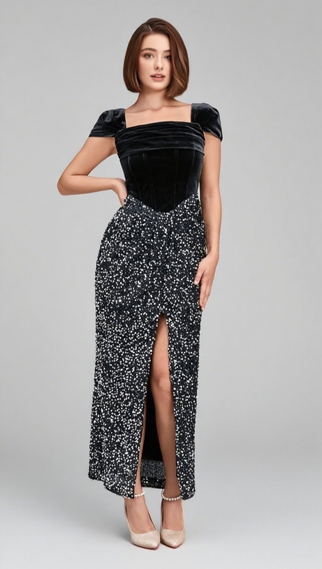 VELVET OFF - SHOULDER GLITTER - SKIRT MAXI DRESS IN BLACK