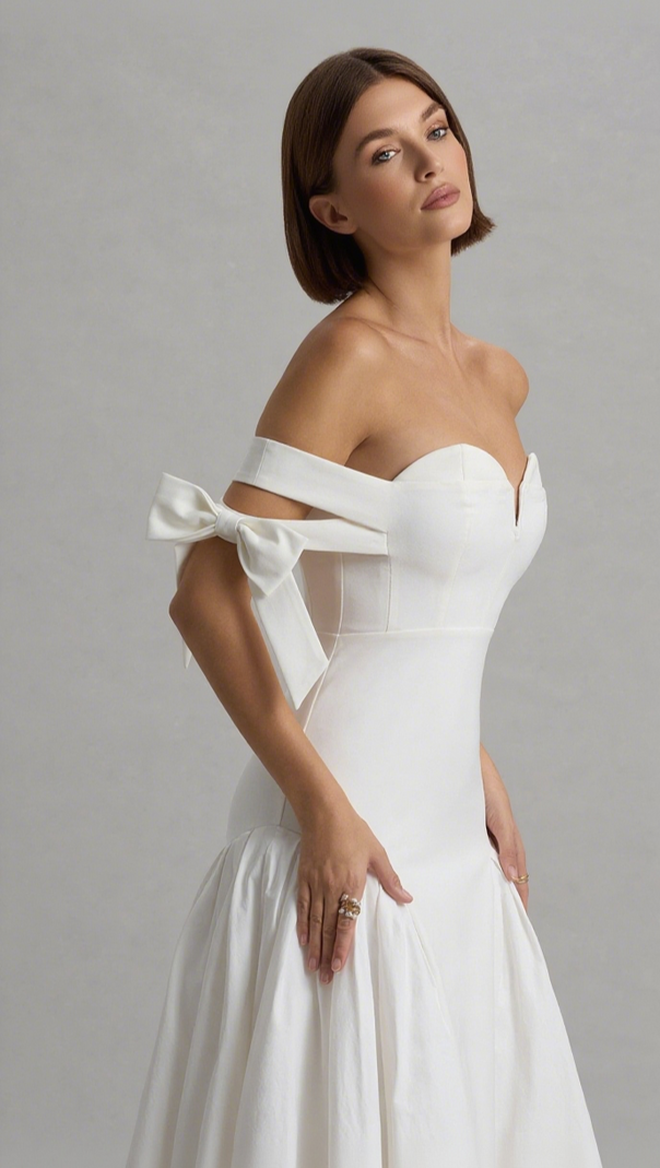 AIIZIE ETHEL | WHITE & CREAM BARDOT MAXI DRESS WITH VOLUME SKIRT - product image