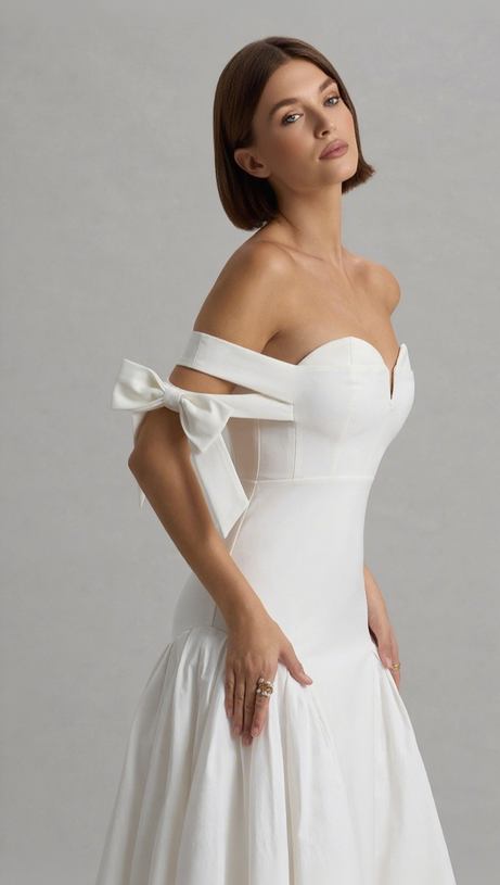 ETHEL | WHITE & CREAM BARDOT MAXI DRESS WITH VOLUME SKIRT