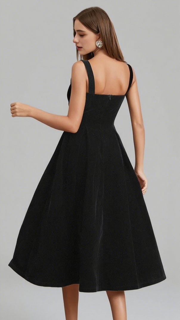 AIIZIE VELVET SQUARE - NECK MIDI DRESS IN BLACK - product image