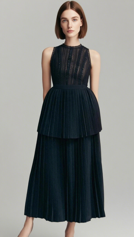 SLEEVELESS PLEATED LAYER SKIRT SUIT IN BLACK