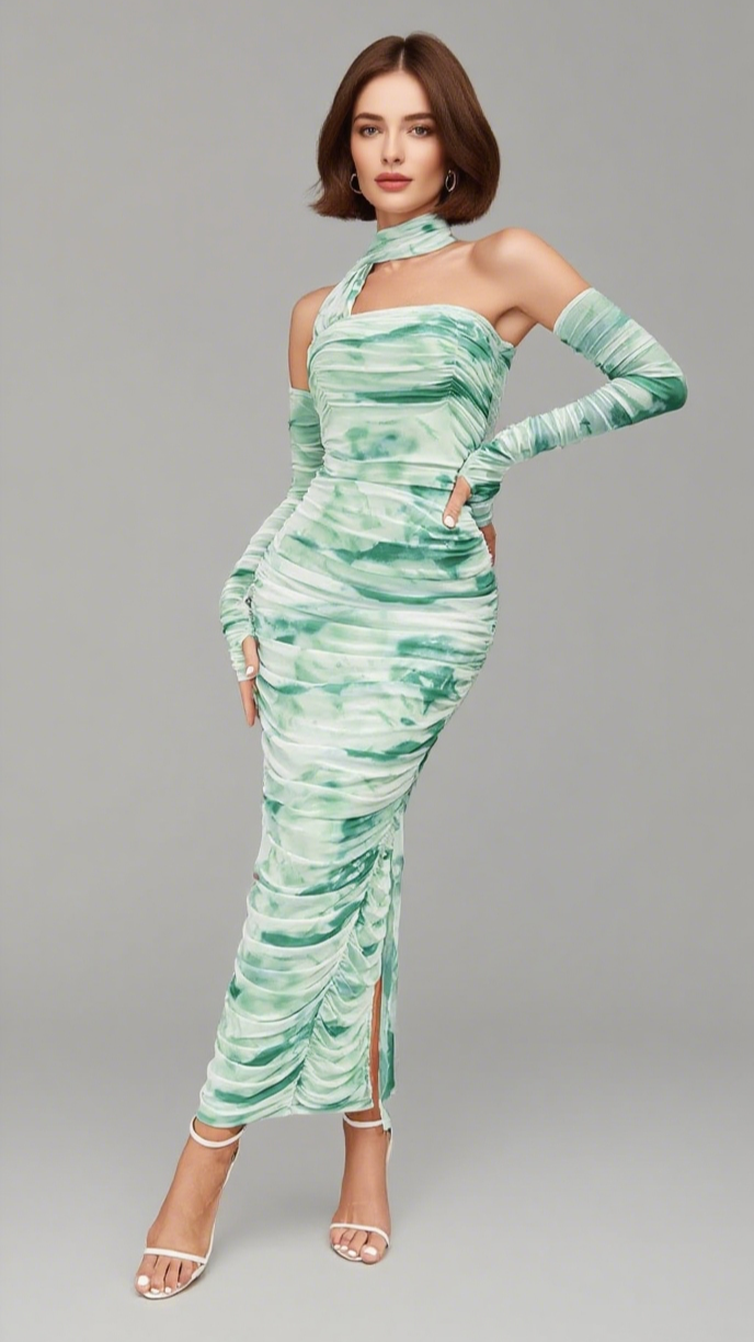 Tie-Dye One-Shoulder-Midikleid mit Rüschen in Beige und Grün