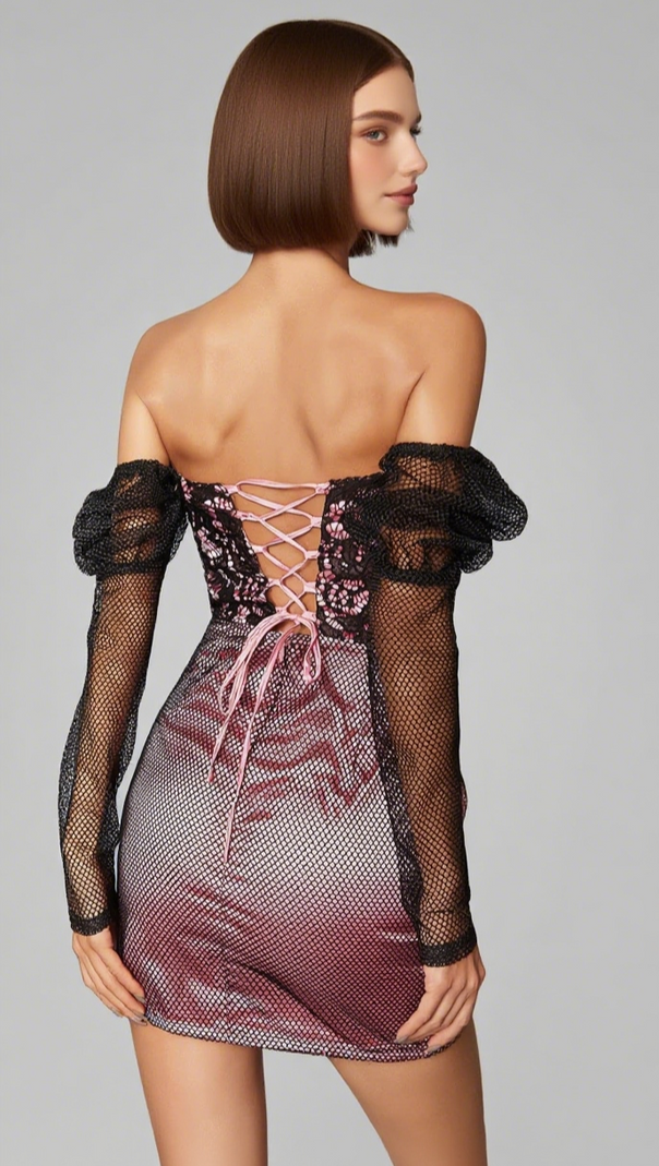 AIIZIE MESH - SLEEVE LACE - TOP ASYMMETRIC MINI DRESS IN PINK - product image