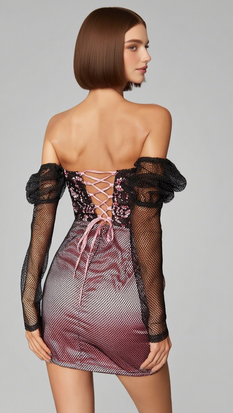 MESH - SLEEVE LACE - TOP ASYMMETRIC MINI DRESS IN PINK