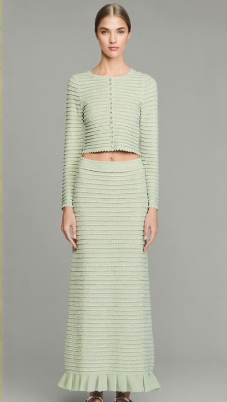 RHINESTONE KNIT MAXI SKIRT IN ALMOND GREEN